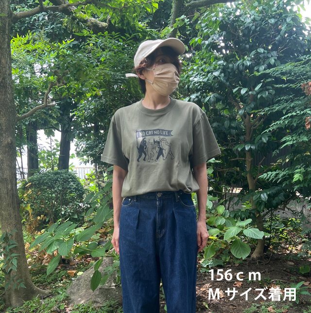 男女兼用 NO CAT NO LIFE Tシャツ オリーブに黒プリント | iichi 日々