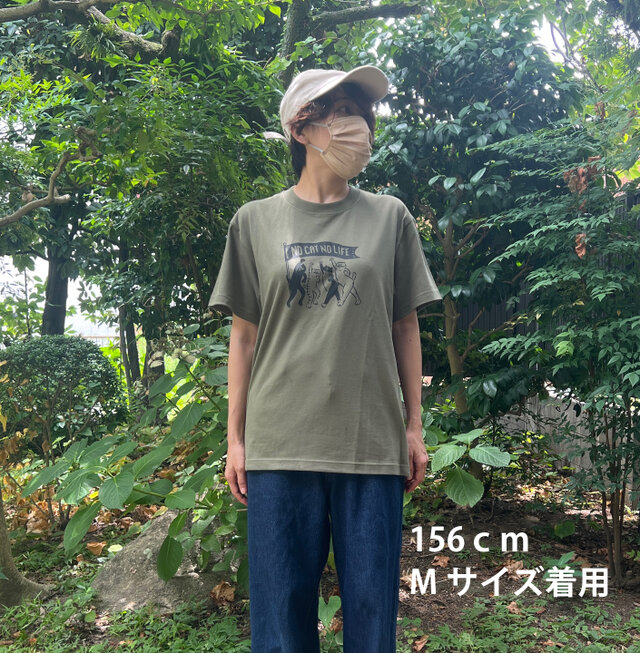 zechito プリント Tシャツ オリーブ 男女兼用 NO CAT NO LIFE Tシャツ オリーブに黒プリント | iichi 日々