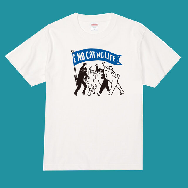 男女兼用　NO CAT NO LIFE Tシャツ  白地に青黒プリント