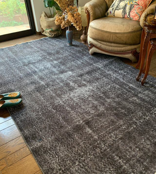 大判 トルコヴィンテージラグ 237×136グレーブラック オーバーダイ