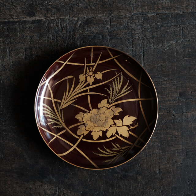 芍薬と菖蒲◇漆芸蒔絵中皿 古漆器 骨董/antiques 古民家 古道具