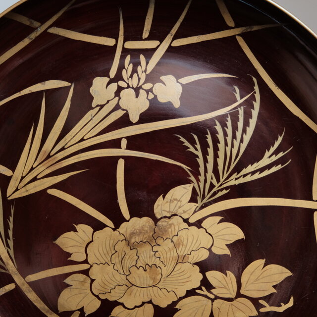 芍薬と菖蒲◇漆芸蒔絵中皿 古漆器 骨董/antiques 古民家 古道具 時代物