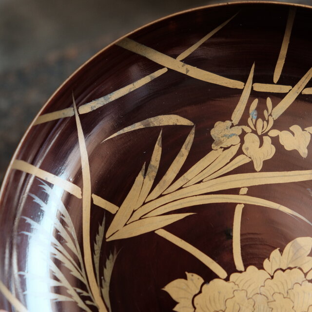 芍薬と菖蒲◇漆芸蒔絵中皿 古漆器 骨董/antiques 古民家 古道具 時代物