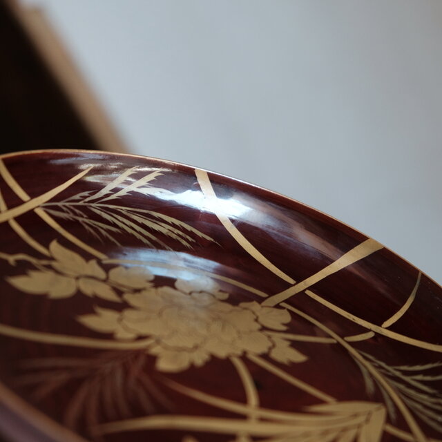 芍薬と菖蒲◇漆芸蒔絵中皿 古漆器 骨董/antiques 古民家 古道具 時代物
