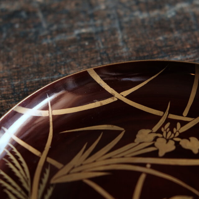 芍薬と菖蒲◇漆芸蒔絵中皿 古漆器 骨董/antiques 古民家 古道具 時代物