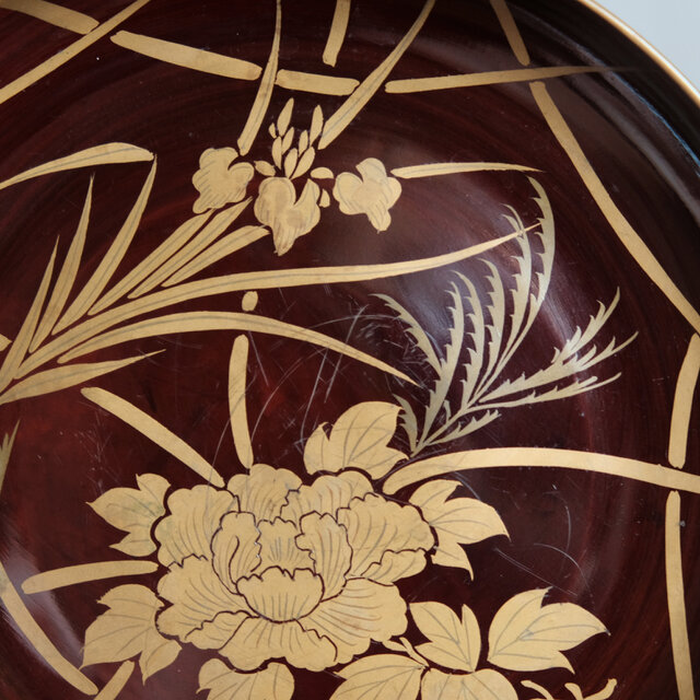 芍薬と菖蒲◇時代物 漆芸蒔絵中皿 古漆器 骨董/antiques 古民家 古道具