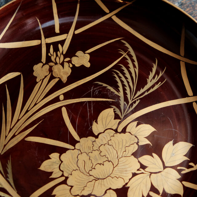 芍薬と菖蒲◇時代物 漆芸蒔絵中皿 古漆器 骨董/antiques 古民家 古道具