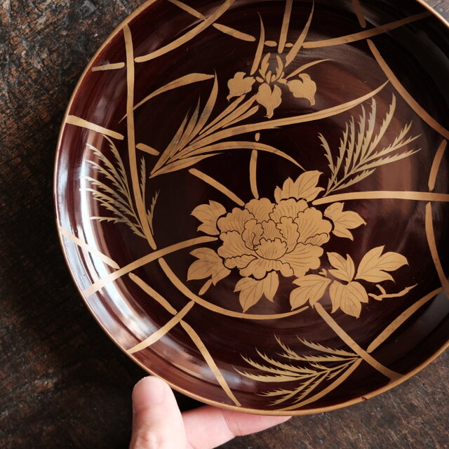 芍薬と菖蒲◇時代物 漆芸蒔絵中皿 古漆器 骨董/antiques 古民家 古道具