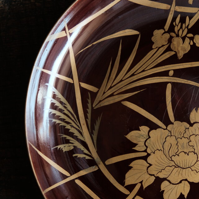 芍薬と菖蒲◇時代物 漆芸蒔絵中皿 古漆器 骨董/antiques 古民家 古道具