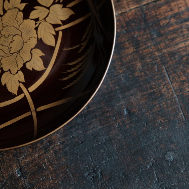 芍薬と菖蒲◇時代物 漆芸蒔絵中皿 古漆器 骨董/antiques 古民家 古道具