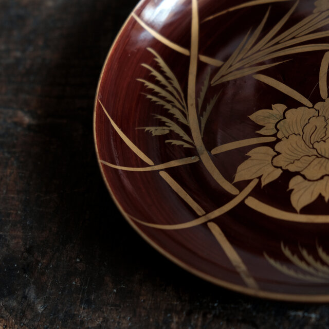 芍薬と菖蒲◇時代物 漆芸蒔絵中皿 古漆器 骨董/antiques 古民家 古道具
