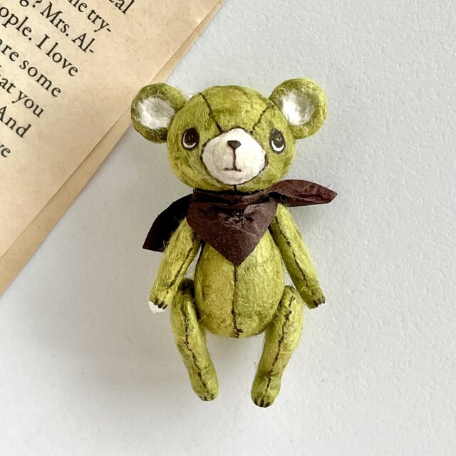 身長5cmのミニチュアテディベア／オリーブグリーン(和紙で作った小さな