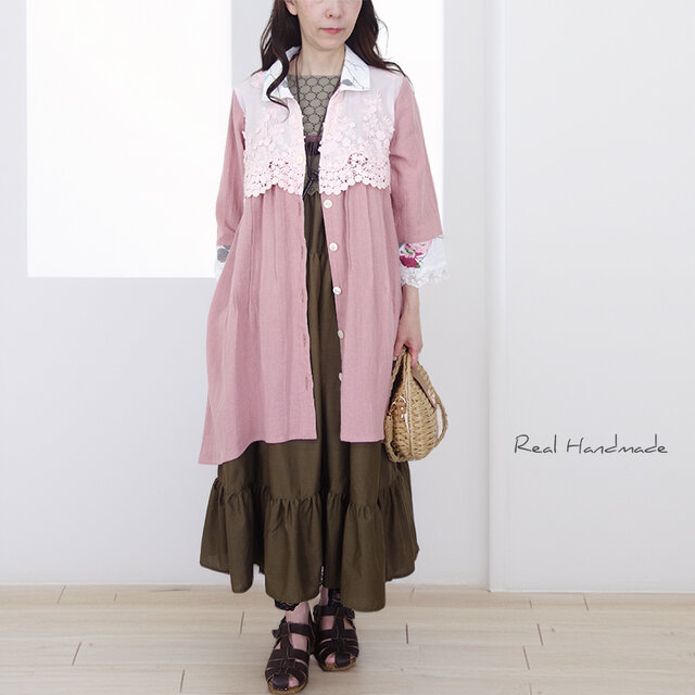 くるみ様おまとめ⭐︎ ブラウス&パンツ、ピンクリネン巾着 ラスト！[予約販売] 花影レースとワッシャーハーフリネン・スモーキー