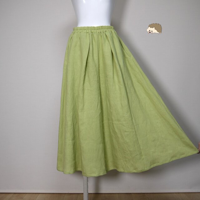 Aラインキュロット◆【ナチュラルリネン　ライト】◆ライム◆フリーサイズ（リネン100％）