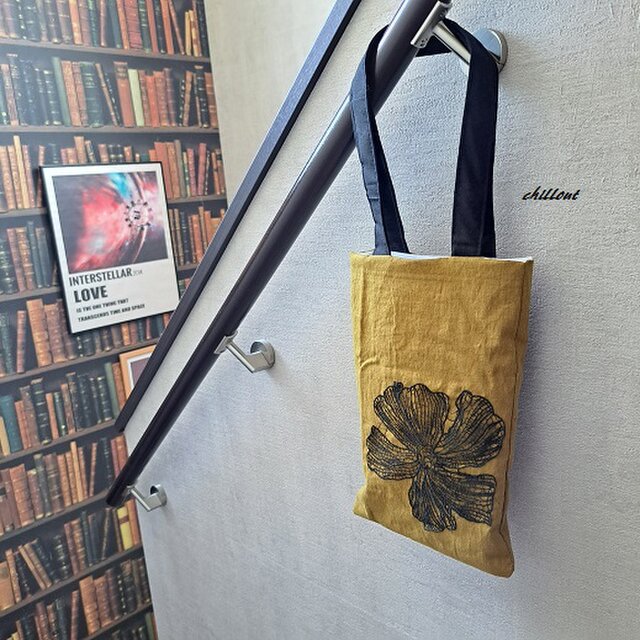 【sale】【リネントートバッグ】マスタード×ブラックフラワーレース【0859】