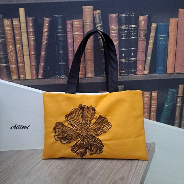 【sale】【トートバッグ】マスタード×ブラックフラワーレース【0860】