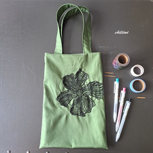 sale】【トートバッグ】モスグリーン×ブラックフラワーレース【0861