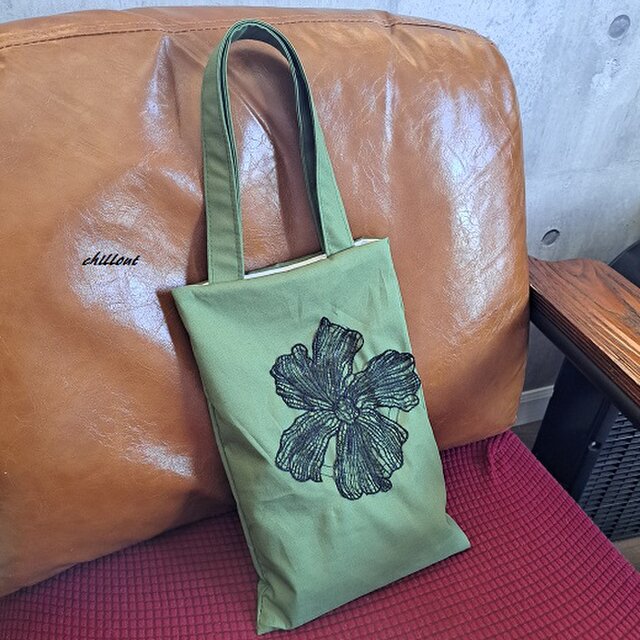 sale】【トートバッグ】モスグリーン×ブラックフラワーレース【0861