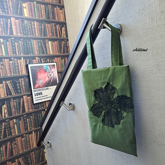 sale】【トートバッグ】モスグリーン×ブラックフラワーレース【0861