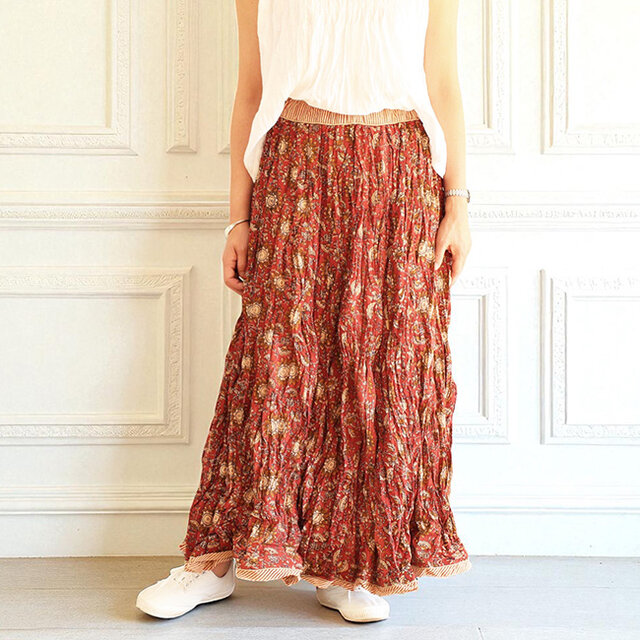 ブロックプリントクリンクルコットンスカート【ブリックレッド】