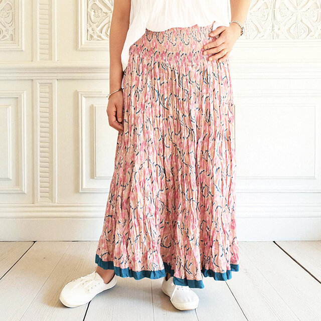 ブロックプリントクリンクルコットンスカート【ベージュ】