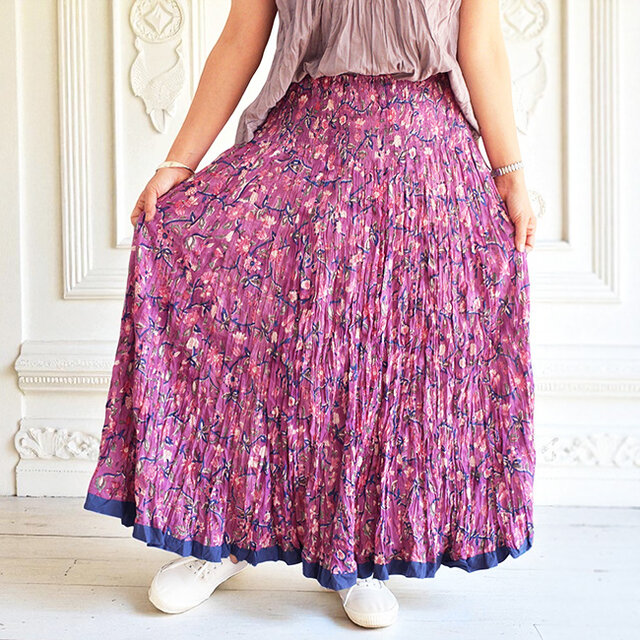 ブロックプリントクリンクルコットンスカート【パープル】