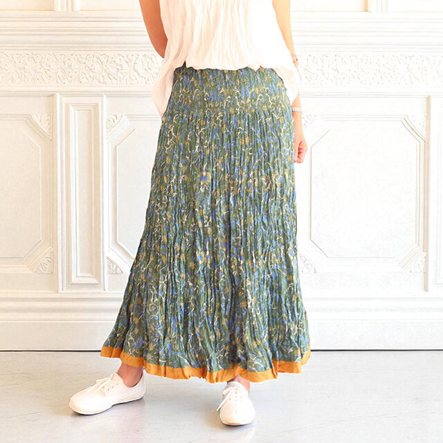 ブロックプリントクリンクルコットンスカート【グリーン】