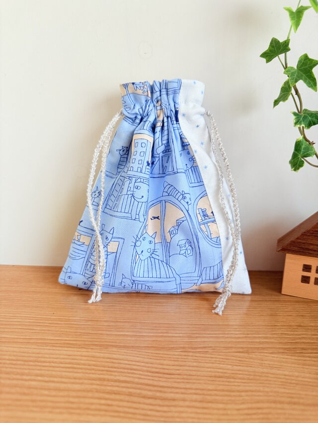 猫ちゃんの巾着袋（ブルー）