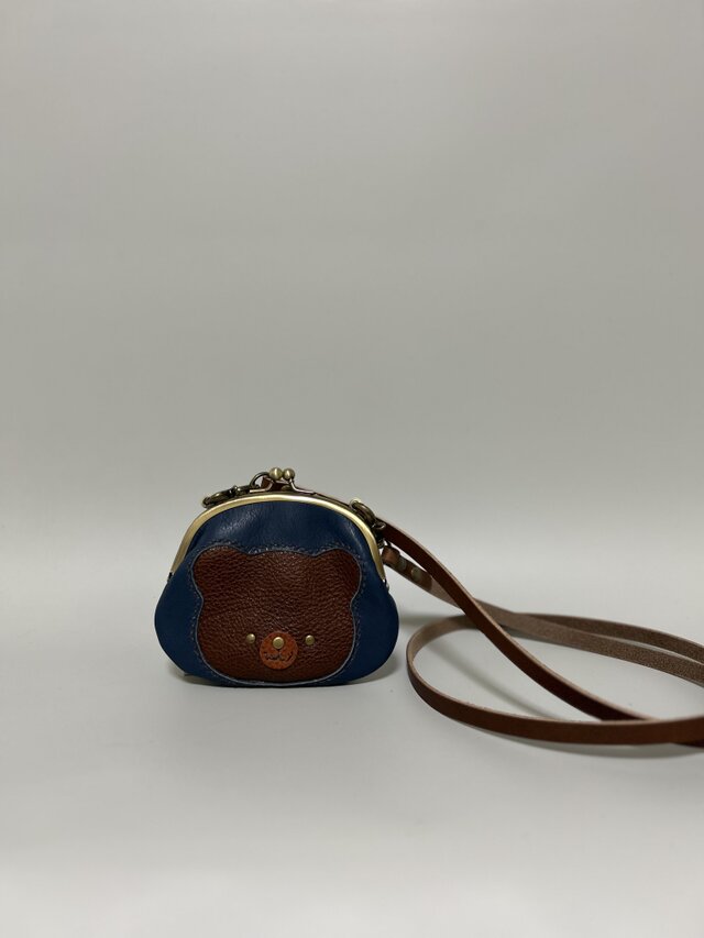 国産牛革✖️姫路レザーminiがま口ポシェット◆ネイビー　くまちゃん　革財布　サコッシュ　