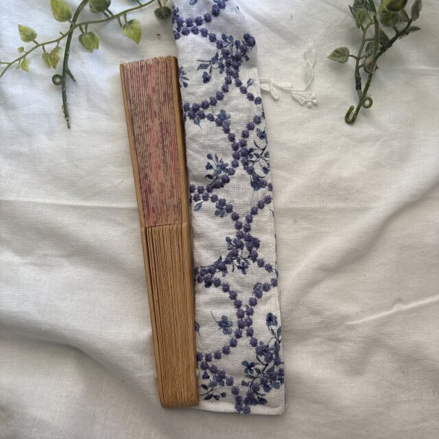★ハンドメイド★ ★★ リネンサークル刺繍小花レース刺繍扇子ケース★箸入れ★箸袋★