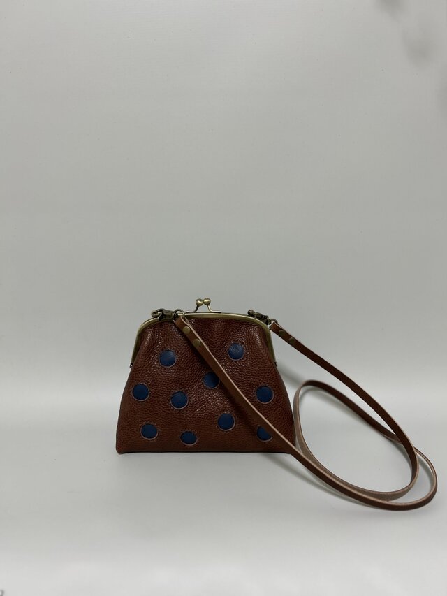 13000円→9900円姫路レザー✖️国産牛革水玉柄がま口ポシェット◆焦げ茶サコッシュドット柄　ショルダーバックスマホショルダー