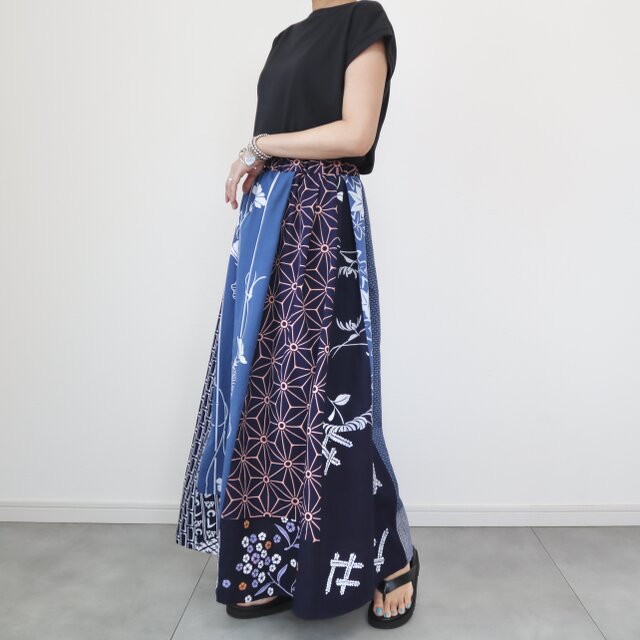 sale●浴衣のタック入りスカート・マキシ丈（パッチワーク・M)