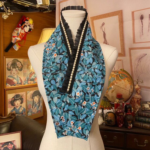 着物 リメイク 重ね衿 伊達襟｜パール＆フリル｜和洋折衷｜翡翠～群青