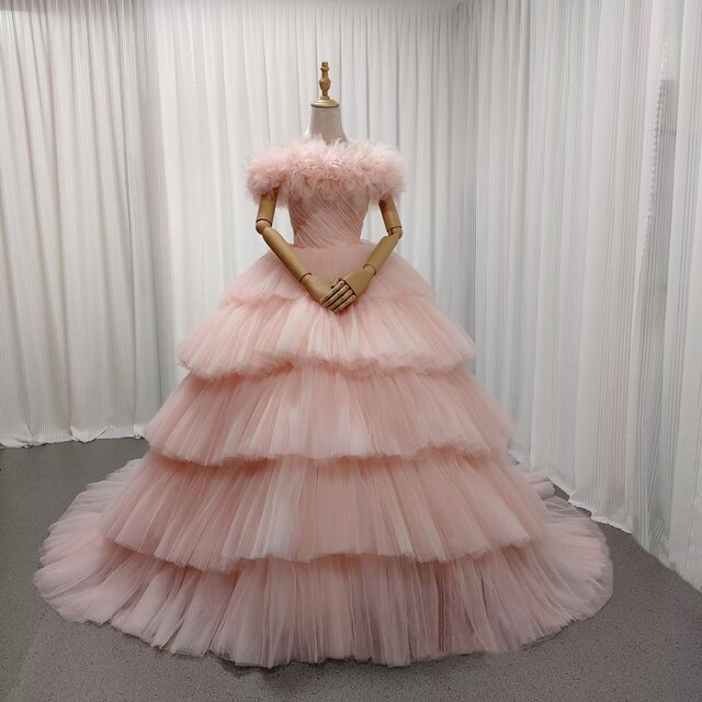 大好評中！カラードレス 薄ピンク 取り外しオフショルダー プリーツスカート 披露宴 花嫁