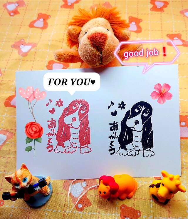 消しゴムはんこ「バセットハウンド・ありがとう」