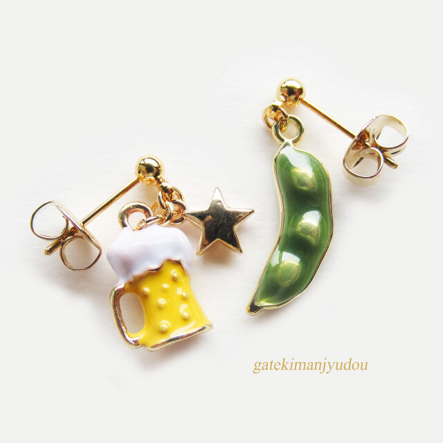 ビールと枝豆のピアス【イヤリング等変更可】 | iichi 日々の暮らしを