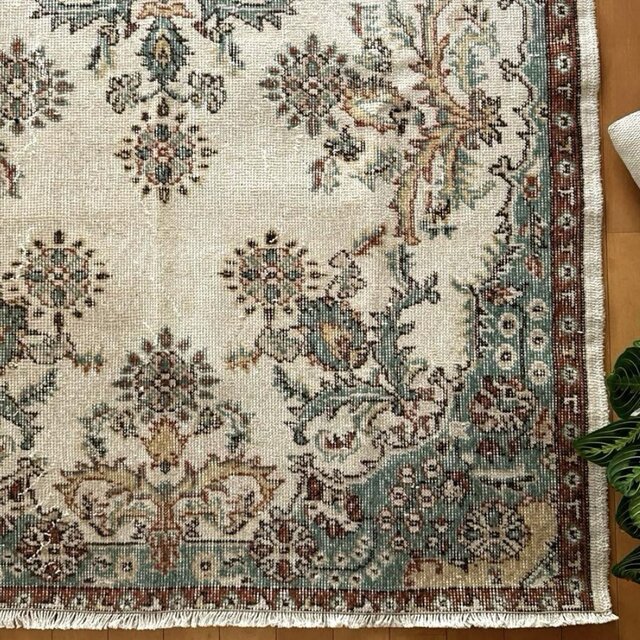 117×214 エメラルドグリーン　メダリオンボタニカル　トルコヴィンテージラグ 117×214 エメラルドグリーン メダリオンボタニカル トルコ