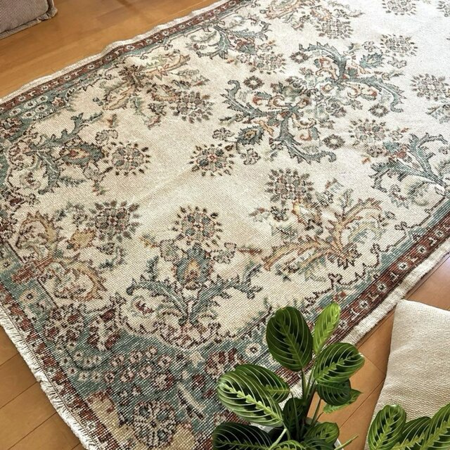 117×214 エメラルドグリーンメダリオンボタニカルトルコヴィンテージラグ