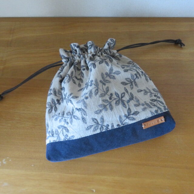 刺繍リネンとバイオウオッシュ帆布の巾着