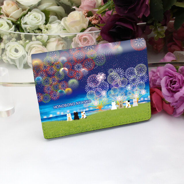 定期入れ/パス入れ/名刺入れ  カードケース 【ほのぼのにゃんこ（花火Ⅱ）花火大会】（名入れ可）