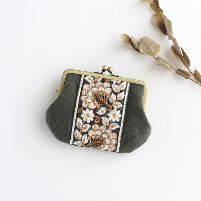 インド刺繍リボンの親子がま口（お財布）グリーン