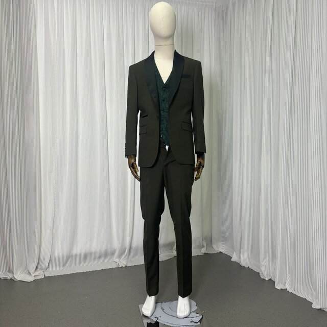 カーキ色 タキシード ジャケット、ベスト、パンツの3点セット ジャガード生地 新郎衣装