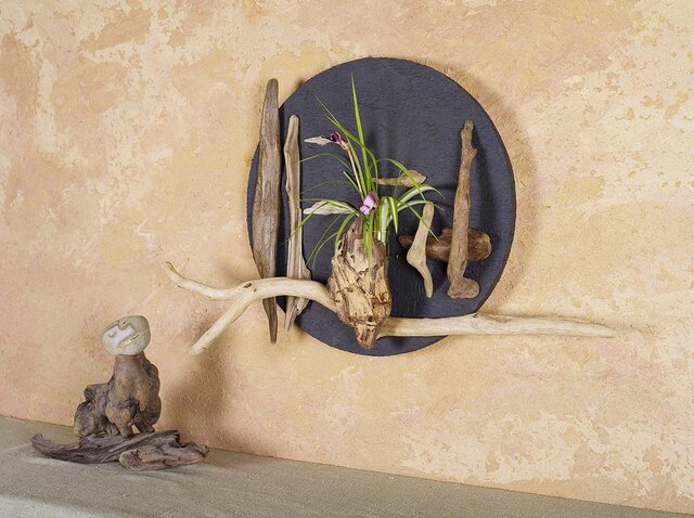 流木アート 流木で描く山水画（M size）流木アート、壁装飾、円形 ＃5