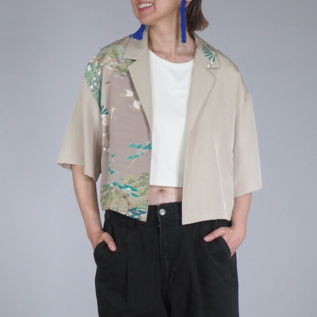 着物リメイク クロップドシャツ ジャケット ベージュ 天の橋立