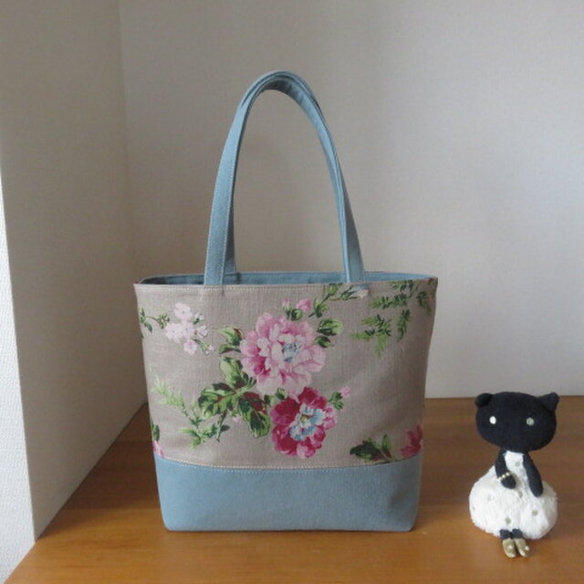 花柄リネンとバイオウオッシュ帆布の別底仕立てのトートバッグ