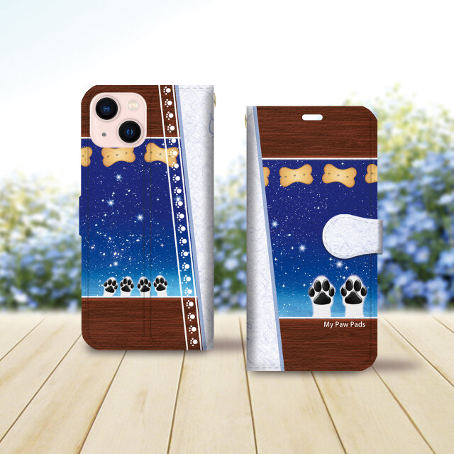 iPhone専用 手帳型スマホケース （カメラ穴あり/はめ込み式/スタンド機能付き）【犬球（星空）】