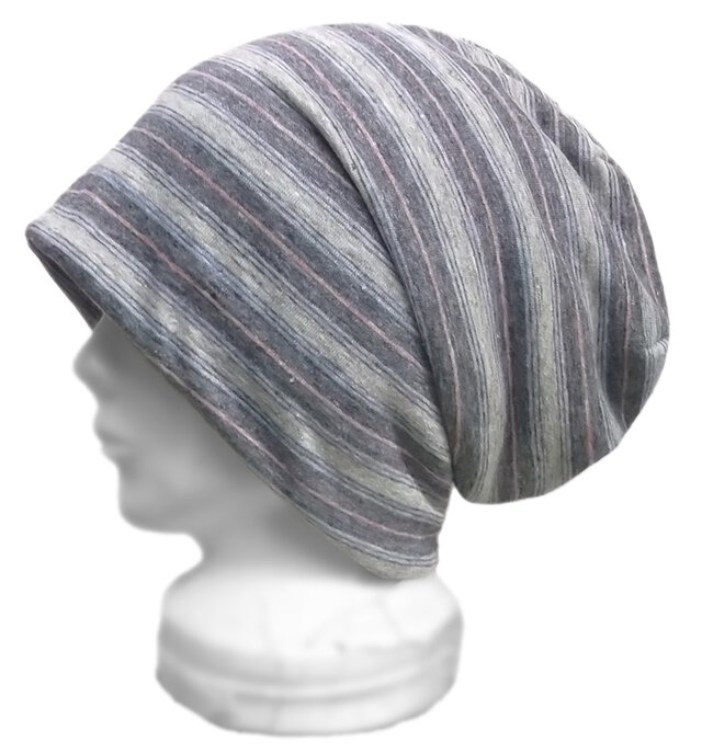 ルーズワッチキャップ◆斜めボーダー柄 コットンリネンニット(ウォッシュ加工)　◇ゆったりサイズ・小顔効果・オールシーズン着用◇