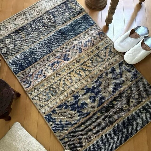 63×105 ブルーボタニカル パッチワークラグ トルコヴィンテージ