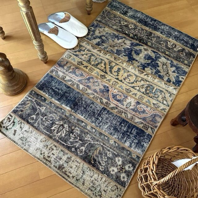 59×105 パッチワーク　ボタニカル　トルコヴィンテージラグ 63×105 ブルーボタニカル パッチワークラグ トルコヴィンテージ