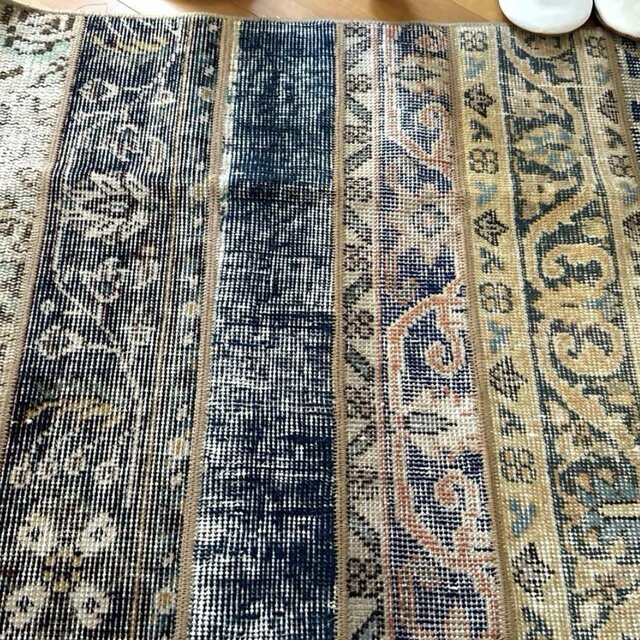 ブルーフローラル✳︎59×135カフェ・オレ　パッチワーク　トルコヴィンテージラグ 63×105 ブルーボタニカル パッチワークラグ トルコヴィンテージ
